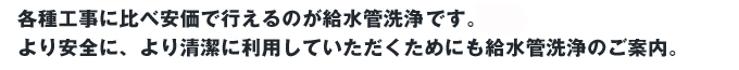 各種工事に比べ安価で行えるのが給水管洗浄工事です。より安全に、より清潔に利用していただくためにもオゾン殺菌洗浄のご案内。
